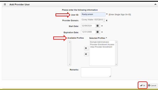 AHCCCS APEP guide screenshot showing the Add Provider User page, User ID field, profile selector, and OK button.