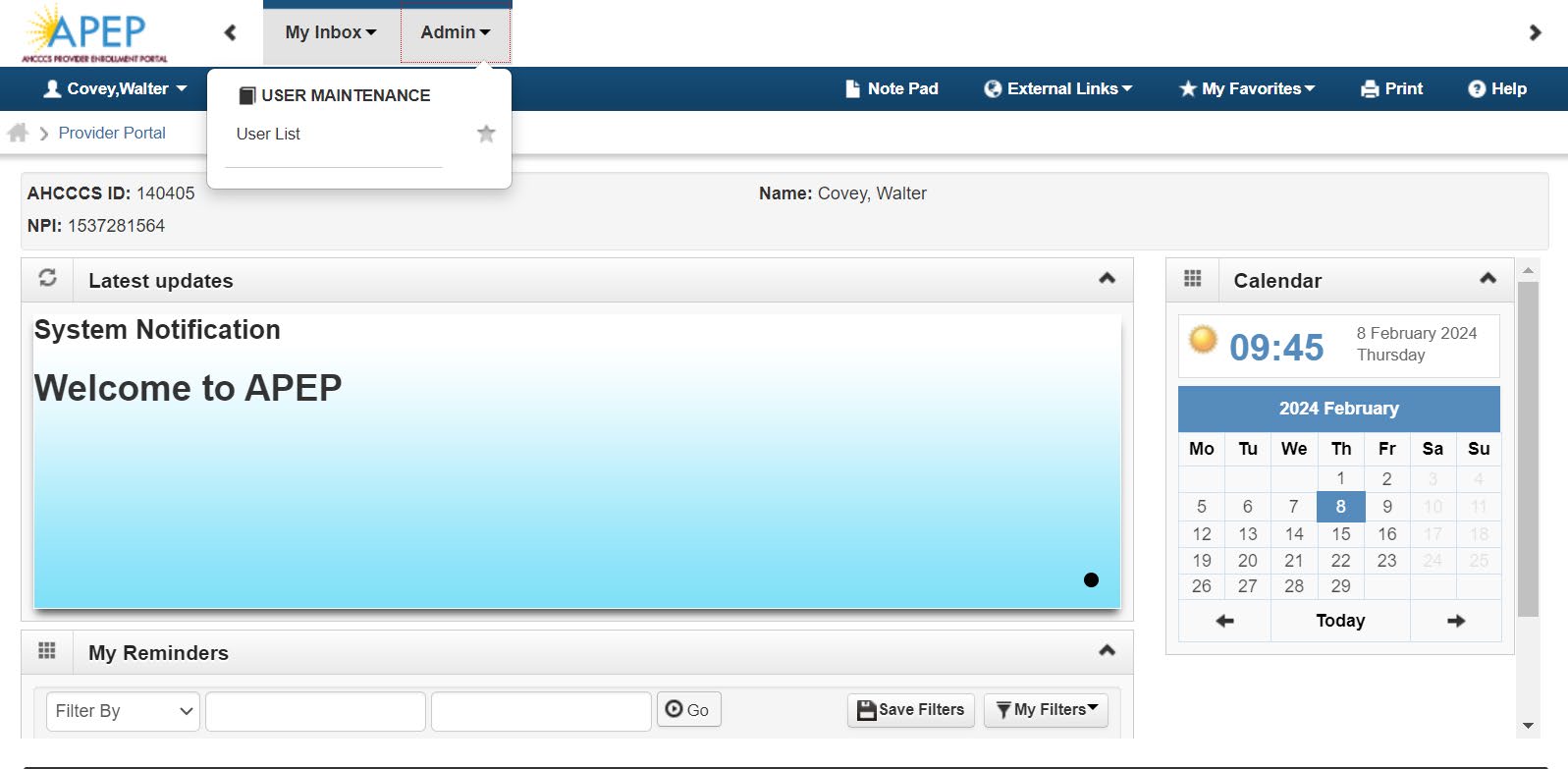 AHCCCS APEP guide screenshot showing the Admin menu and User List option.