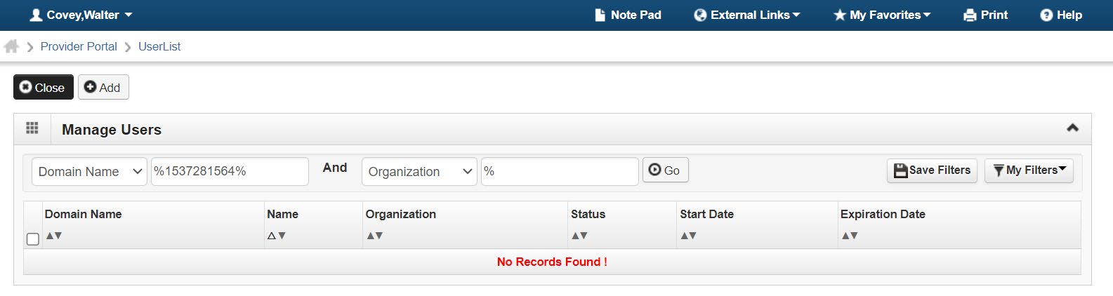 AHCCCS APEP guide screenshot showing Manage Users filters for Domain Name and Organization.