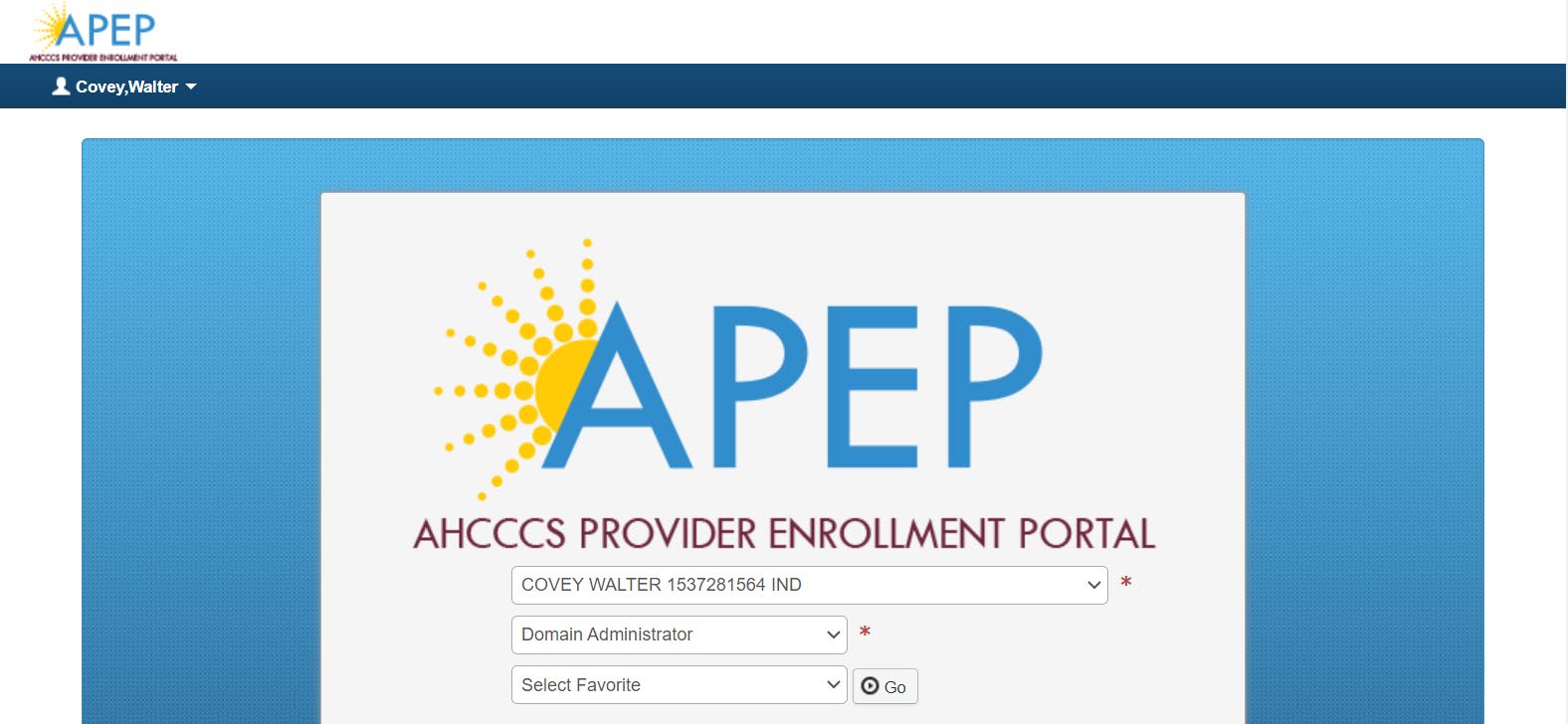 AHCCCS APEP guide screenshot showing the provider-domain dropdown, Domain Administrator profile, and Go button.