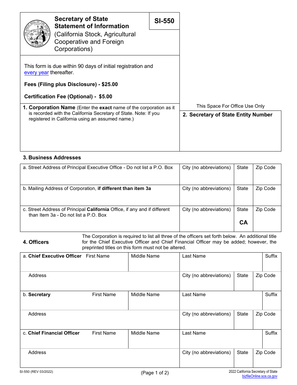 Official California Secretary of State blank SI-550 Statement of Information form showing corporation, address, and officer fields