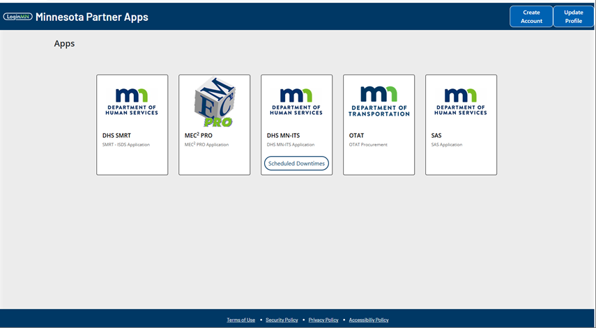 DHS LoginMN guide screenshot showing the Minnesota Partner Apps page with the DHS MN-ITS application tile.
