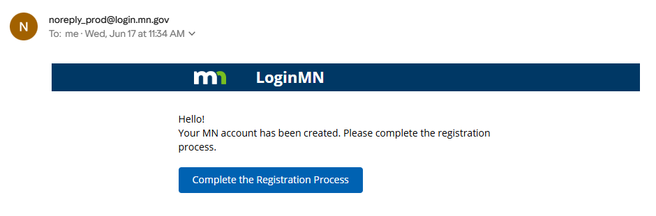 DHS LoginMN guide screenshot showing a registration email from noreply_prod@login.mn.gov and the Complete the Registration Process button.