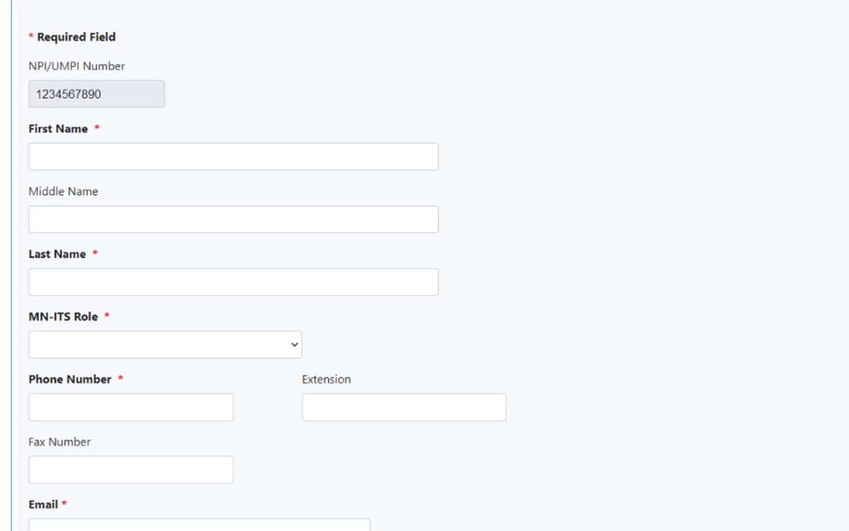 DHS MN-ITS User Administration training screenshot showing the top of the Create User form with required name, role, phone, and email fields.