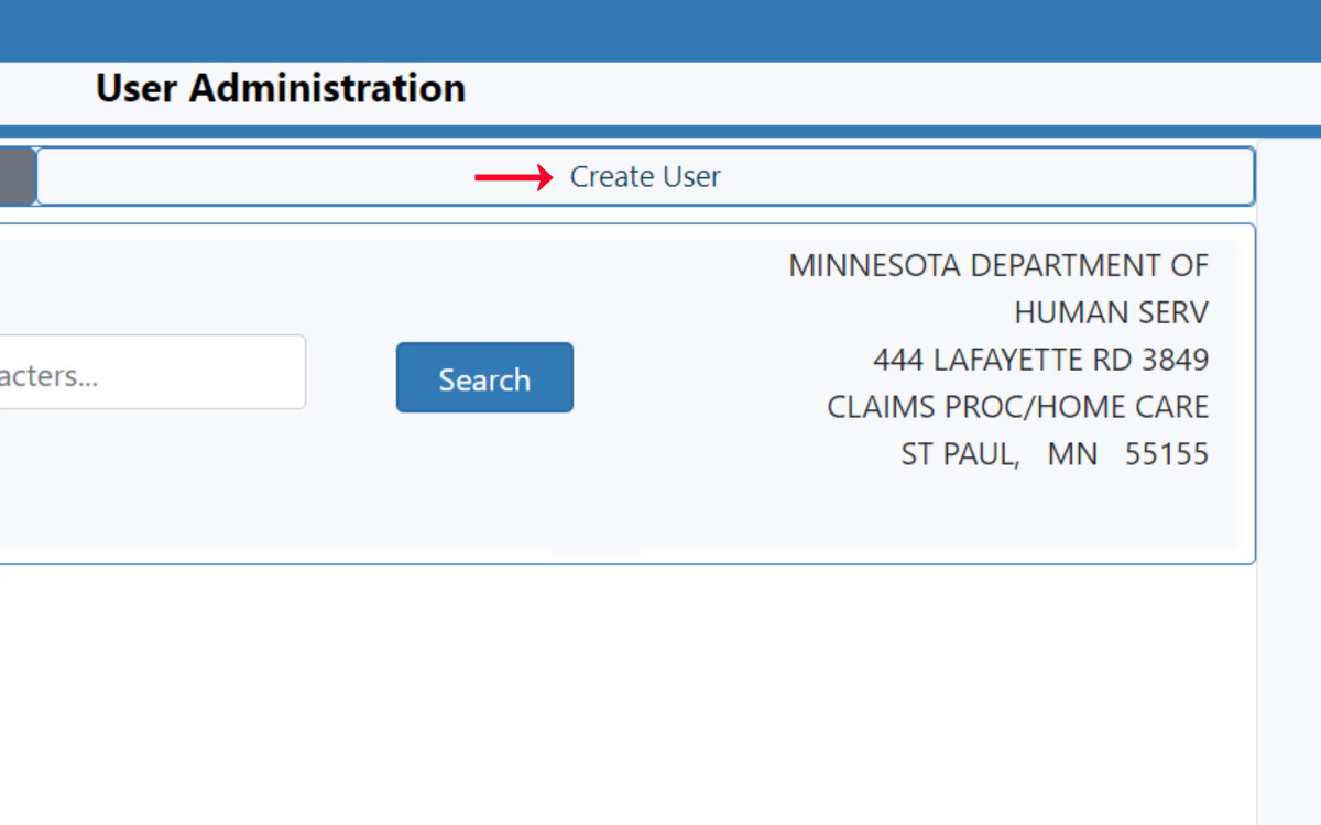DHS MN-ITS User Administration training screenshot showing the Create User tab.