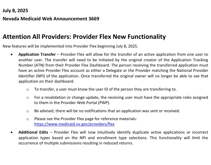 Nevada Medicaid Web Announcement 3669 describing Provider Flex application transfer requirements and limitations.