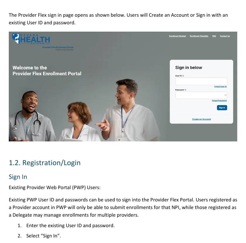 Nevada Provider Flex Getting Started guide showing the Flex sign-in page and explaining that PWP Delegate users may manage enrollments for multiple providers.