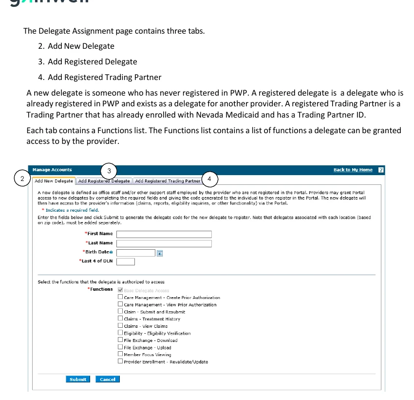 Nevada Medicaid PWP manual screenshot showing Add New Delegate identity fields and available delegate functions.