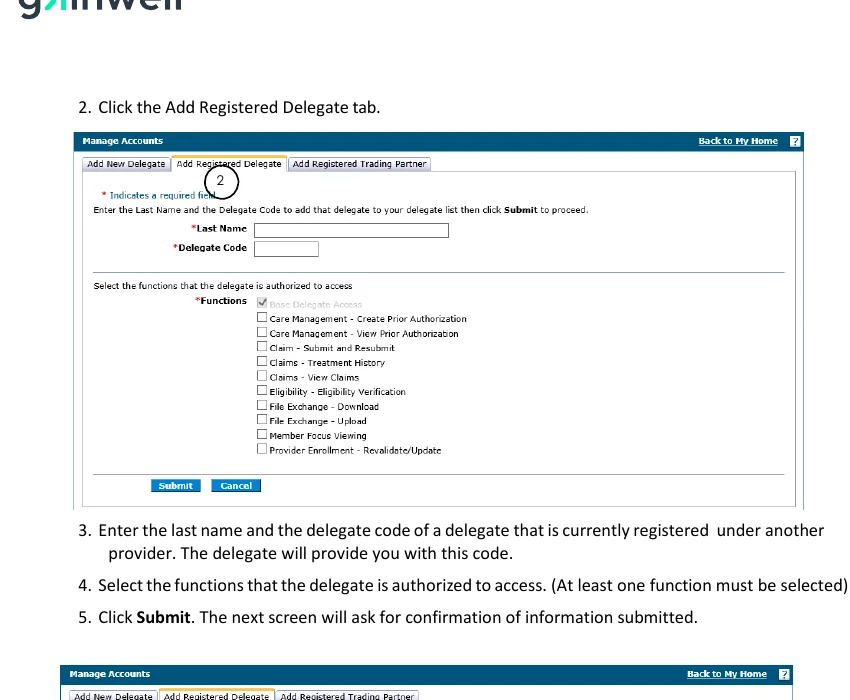 Nevada Medicaid PWP manual screenshot showing Add Registered Delegate fields for last name, Delegate Code, and functions.