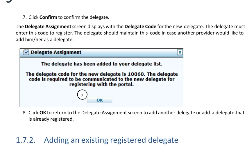 Nevada Medicaid PWP manual screenshot showing the Delegate Assignment confirmation and generated Delegate Code.