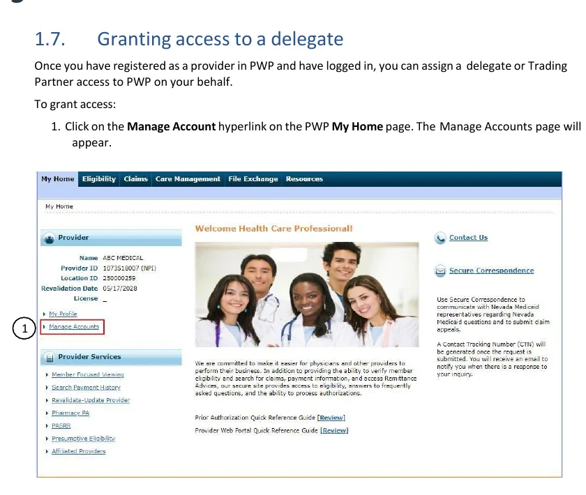 Nevada Medicaid PWP manual screenshot showing the Manage Accounts link on the provider My Home page.