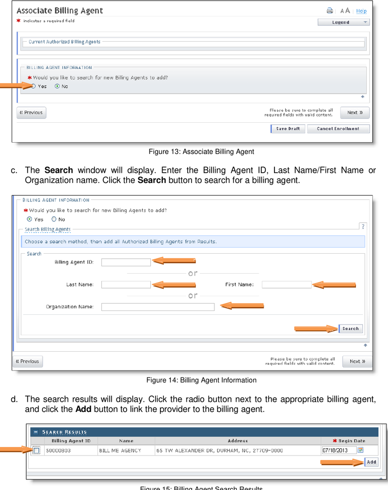 NCTracks Billing Agent workflow showing the associate prompt, search fields, and result selection with Add.