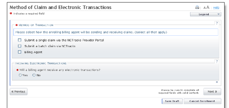 NCTracks Method of Claim and Electronic Transactions screen showing the Billing Agent option.