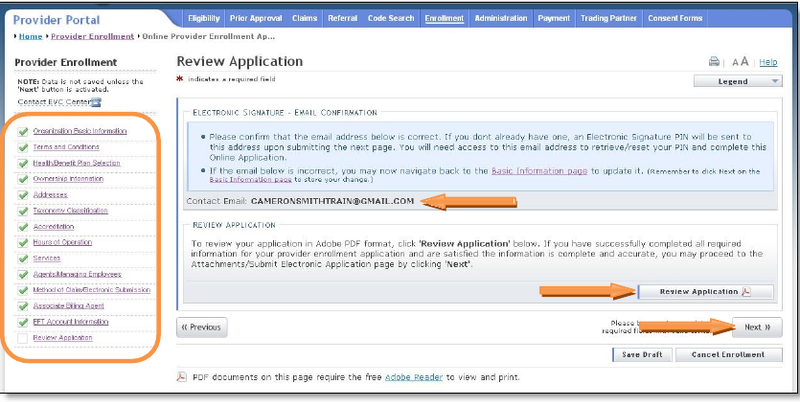 NCTracks Review Application page showing green completion check marks and the Review Application button.