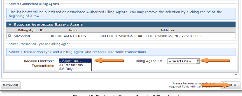 NCTracks Selected Authorized Billing Agents screen with transaction type and Billing Agent ID selectors.