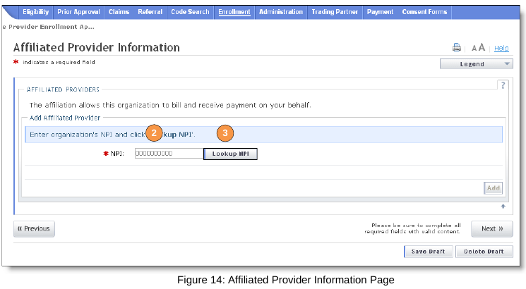 NCTracks Affiliated Provider Information screen showing the group NPI lookup field and Lookup NPI button.
