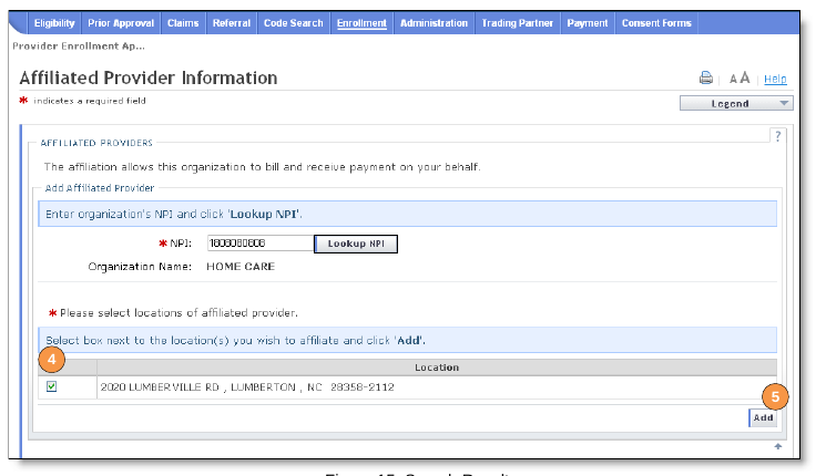 NCTracks search results screen showing a group organization NPI match, location checkbox, and Add button.