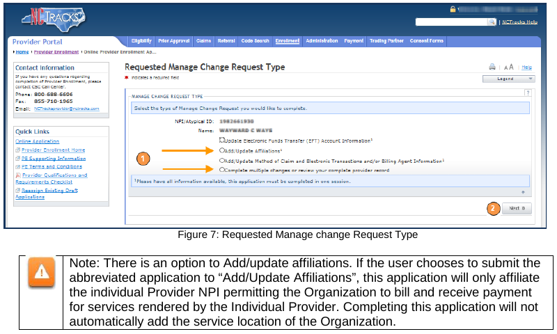 NCTracks Manage Change Request Type screen showing Complete multiple changes or review your complete provider record and the Add/Update Affiliations warning.