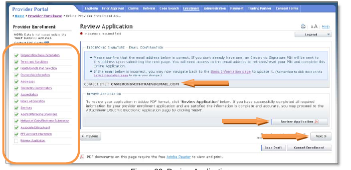NCTracks Review Application page showing green check marks in the application page list.