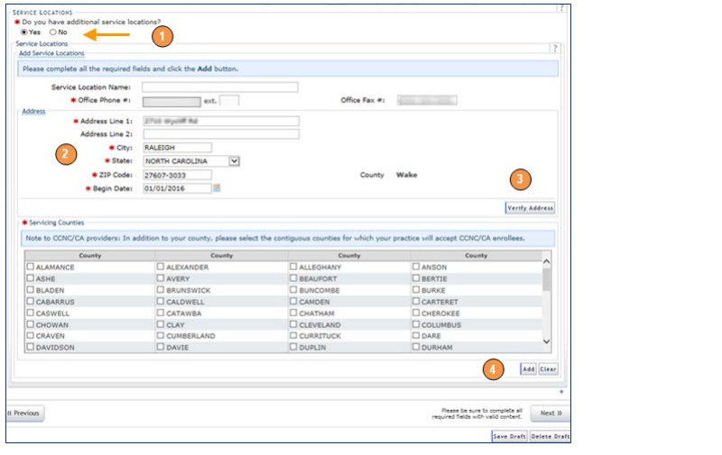 NCTracks Service Locations screen showing Yes, address fields, Verify Address, and Add.