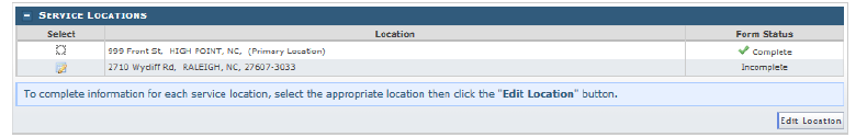 NCTracks service location status panel showing one complete location and one incomplete location.
