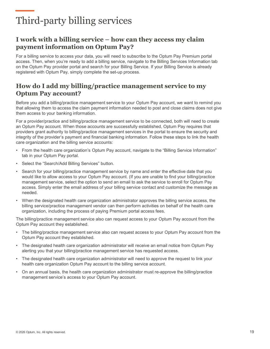 Optum Pay FAQ page explaining how a provider links a billing or practice-management service through Billing Service Information.
