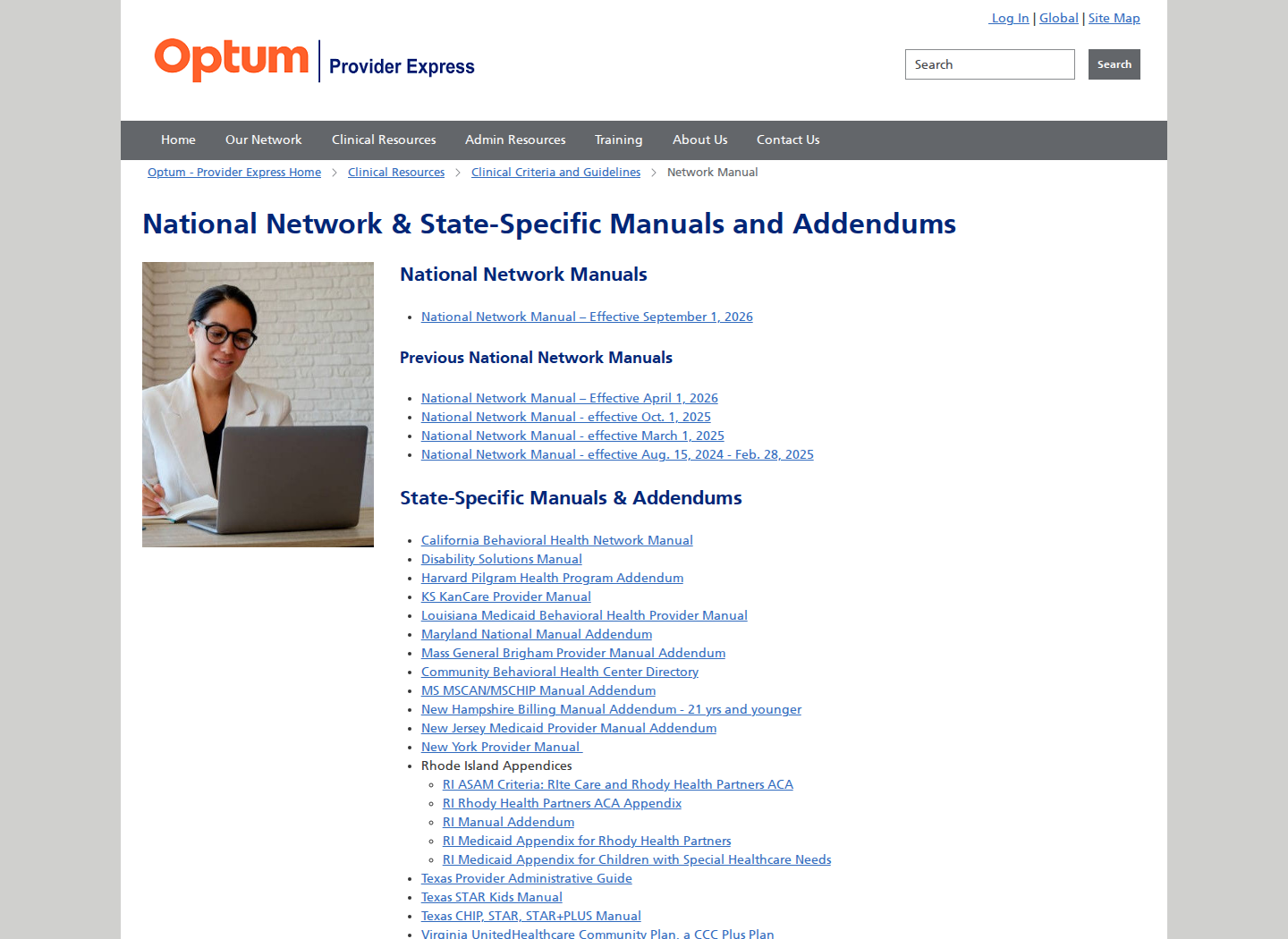 Provider Express network manual page listing the National Network Manual and state-specific manuals and addendums