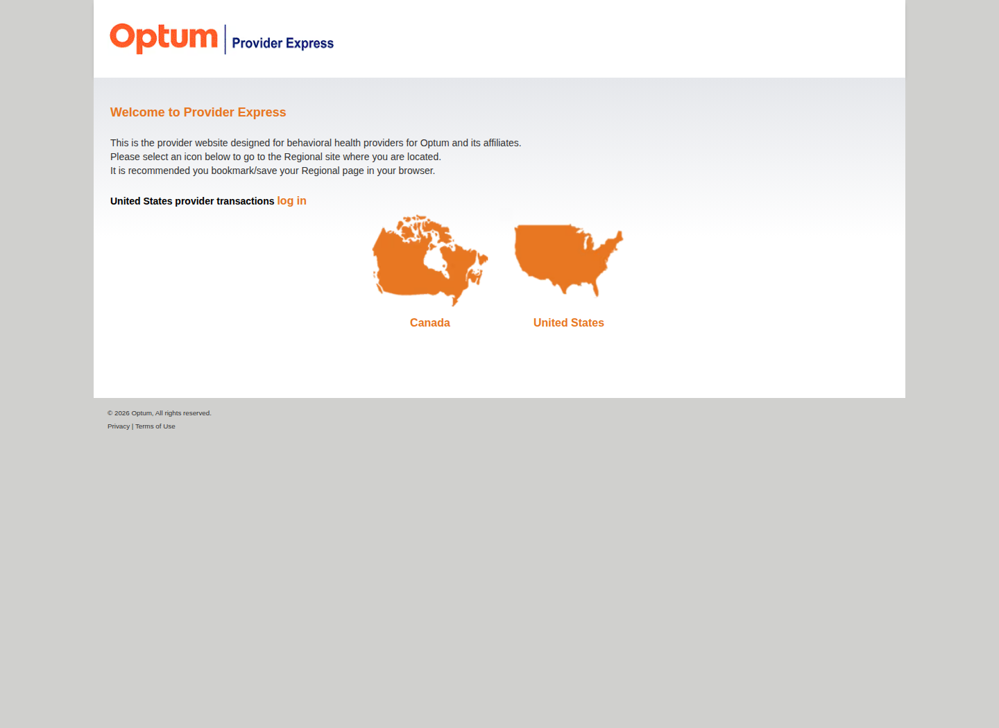 Provider Express region selector showing Canada and United States options