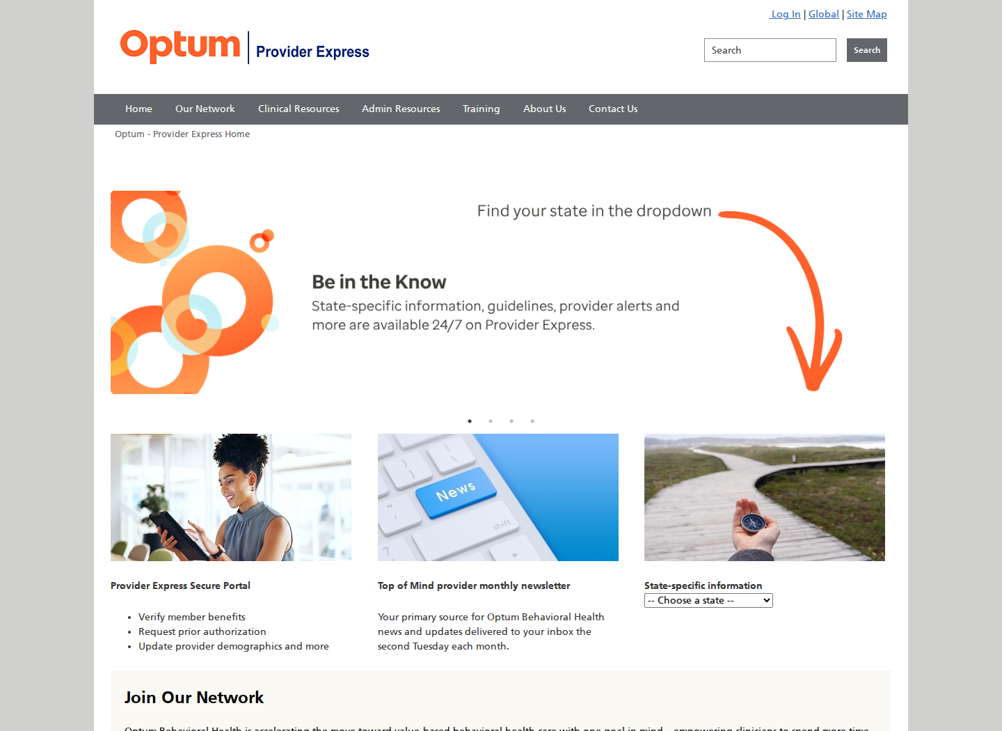 Provider Express United States home page with Log In, navigation, secure portal, and state-specific information areas